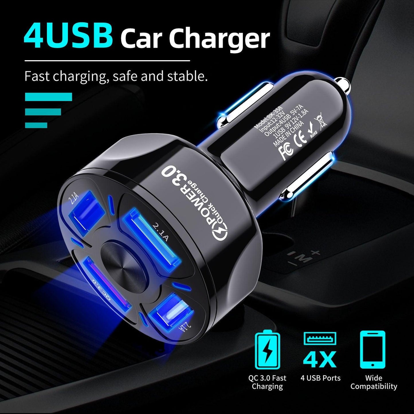 4 USB 3.0 LED Port Rapid Car Charger